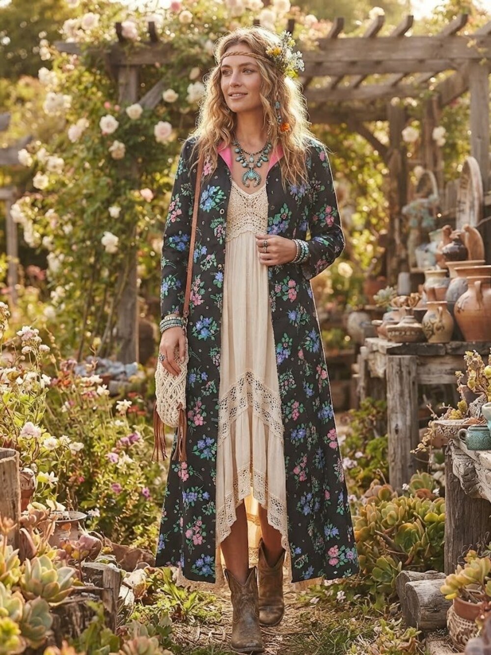 Vintage Handmade Black Floral Maxi Dress / Coat with Pink & Blue Blooms
